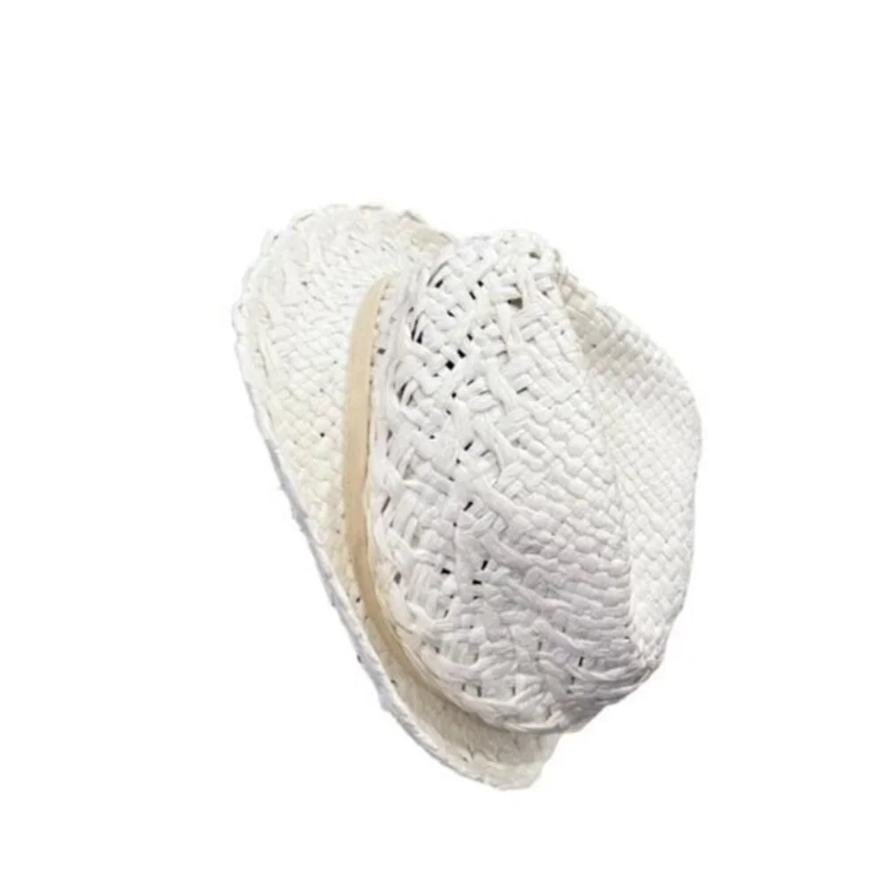 White Paper Bucket Hat Beige Ribbon Summer Sun Beaded Beach Pool Vacation Travel